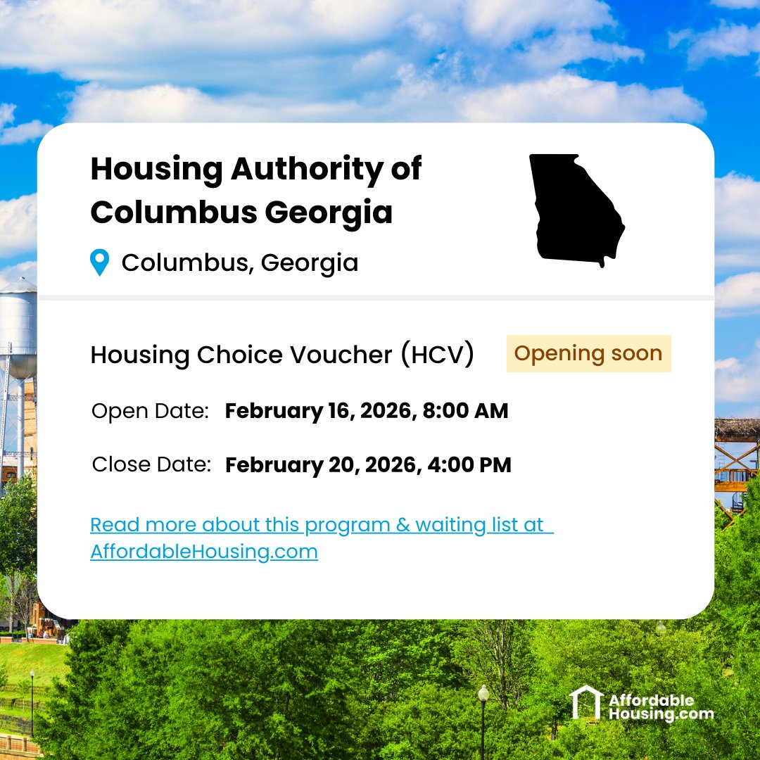 The Housing Authority of Columbus Georgia is opening the Housing Choice Voucher Program (HCV) waiting list. Go to the link and click "Apply On Agency Website" to apply. affordablehousing.com/housing-author… #section8 #affordablehousing