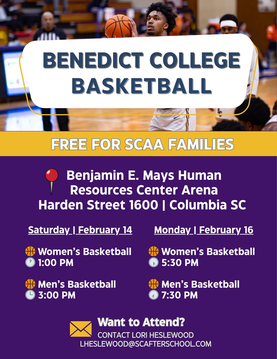 🏀SCAA Families, It's Game Time!

Attend Tigers basketball at Benedict College - FREE for all SCAA families!

🗓️When: This Saturday &amp; Monday
📍Location: Benedict College
🎟️Admission: FREE for SCAA Families

➡️Want to attend? Contact lheslewood@scafterschool.com