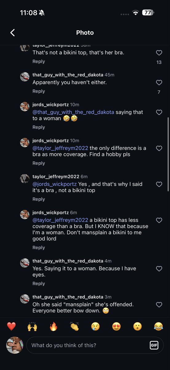 Natalie Decker haters are by far the most snowflake and unemployed groups of people. I left ONE comment supporting her and now two men are trying to explain to me, a woman, the difference of a bikini and a bra. Holy shit get a job. Get a life at that 😭🫩