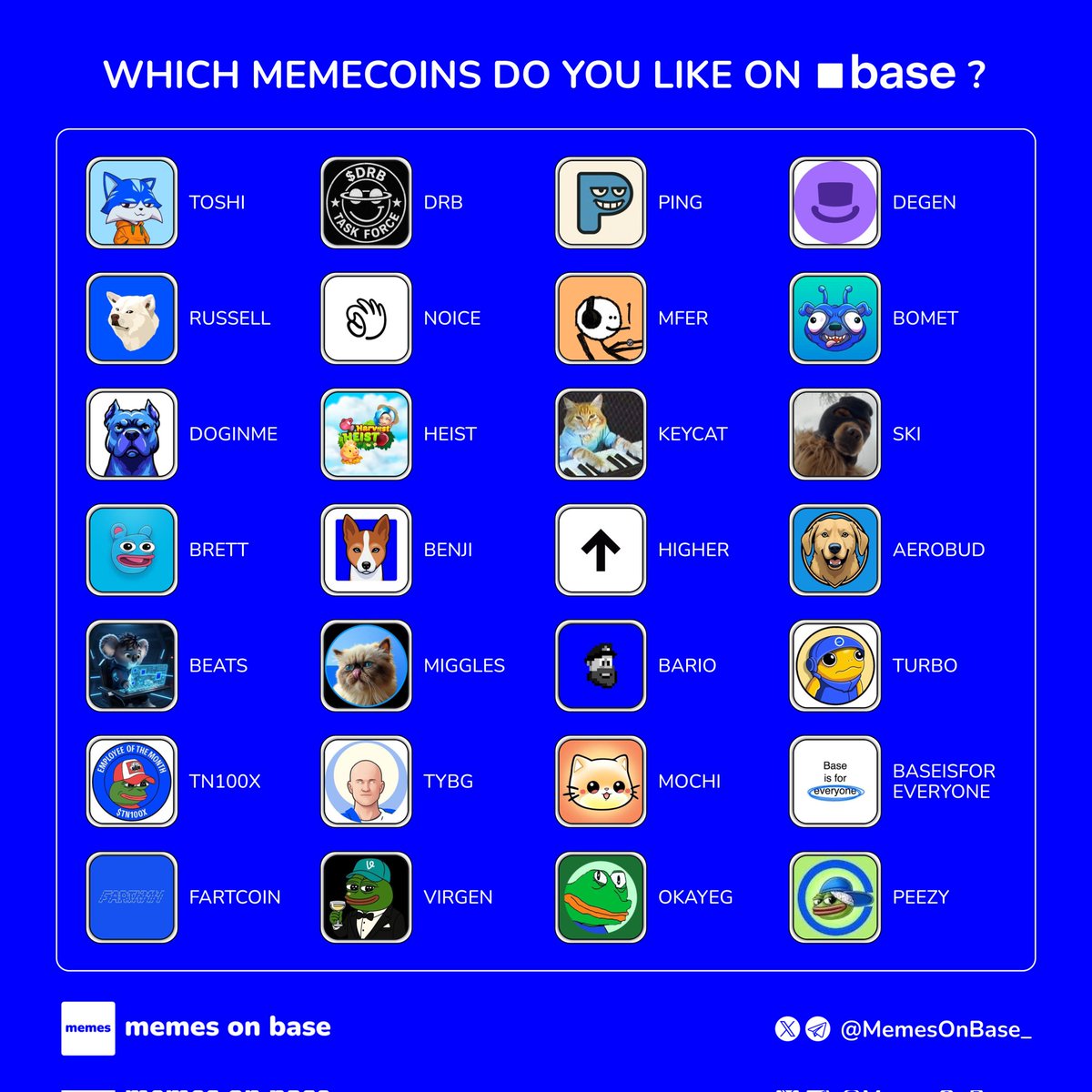 MemesOnBase_'s tweet image. WHICH MEMECOINS DO YOU LIKE ON BASE ? 🟦 👇