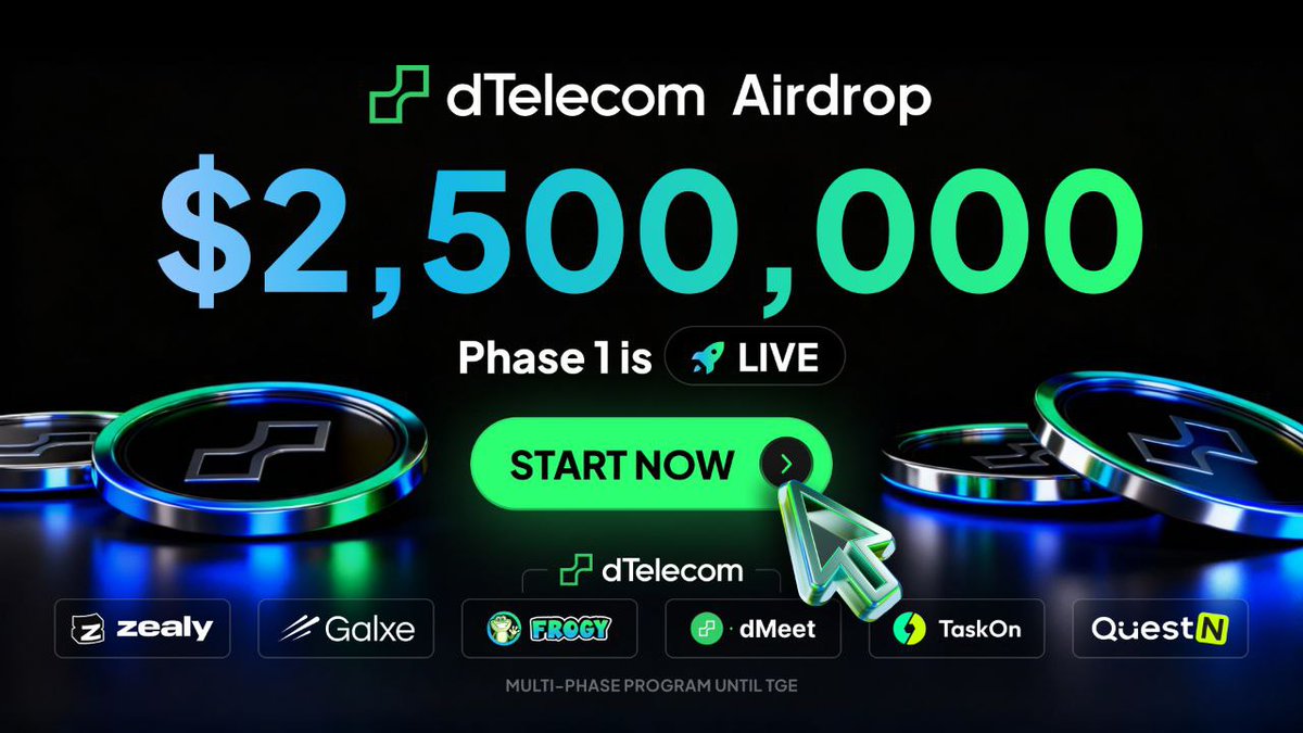 🔥Dtelecom Airdrop 
🎁Reward Pool: $2.6M in $DTEL token

✅Join Link:👇 
rewards.dtelecom.org/reward?referra…

✅Connect Solana Wallet 
✅Connect X &amp; Discord
✅Complete Simple Task
✅Do Daily check in
✅Done