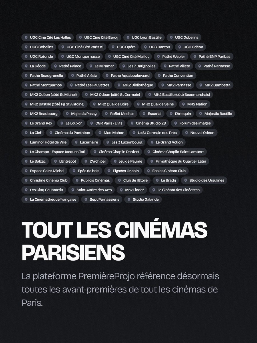 ANNONCE IMPORTANTE !

À partir d'aujourd'hui, PremièreProjo, la plateforme qui référence toutes les avant-premières à Paris, a tout les cinémas parisiens, dont indépendants !

Désormais, vous ne louperez plus AUCUNE avant-première parisienne !