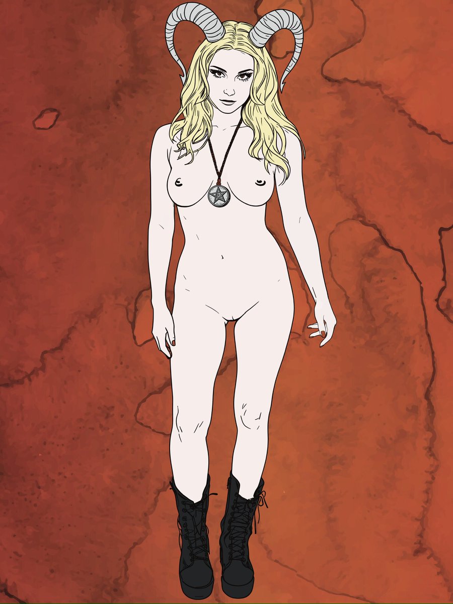Blonde horned demoness with pentagram pendant, standing nude in a hellish landscape. 🔥🐐

Demone bionda con corna e pendente pentacolo, nuda in un paesaggio infernale. 🔥🐐

#Demoness #Succubus #DarkArt