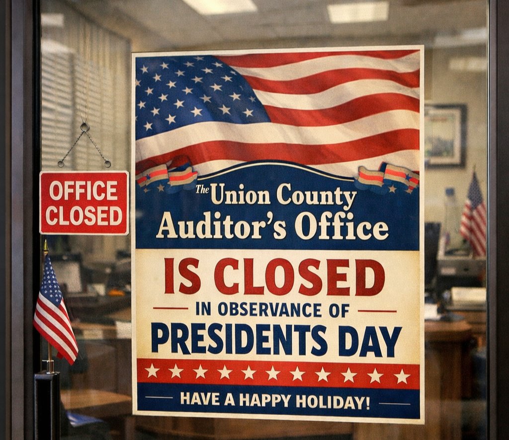 UnionCo_Auditor's tweet photo. Announcement from the Union County Auditor's Office:
 
We will be closed on Monday, February 16, 2026, in observance of Presidents' Day. Normal business hours will resume on Tuesday, February 17.
 
Wishing you all a safe and enjoyable holiday honoring our nation's leaders! https://t.co/AzEFQsYbQV