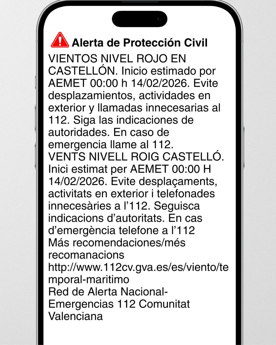 🚨El Centro de Coordinación de Emergencias de la
<a href="/generalitat/">Generalitat</a> ha enviado un mensaje de alerta a los móviles de la provincia de Castellón debido al episodio de vientos.

⚠️Se recomienda extremar las precauciones y estar pendientes de cualquier cambio en el nivel de las alertas.