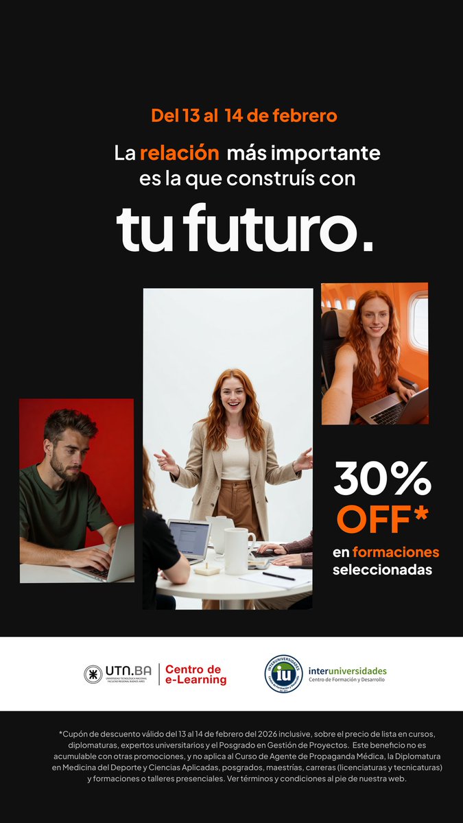Tenemos un beneficio exclusivo del 30% OFF para que comiences el año preparándote para tu futuro ! 💪
Cupón de descuento: FUTURO30
Vigencia: 13 y 14 de febrero de 2026.
Aplicación: se debe ingresar el código al momento de la inscripción.
Ingresa a interuniversidades.com
