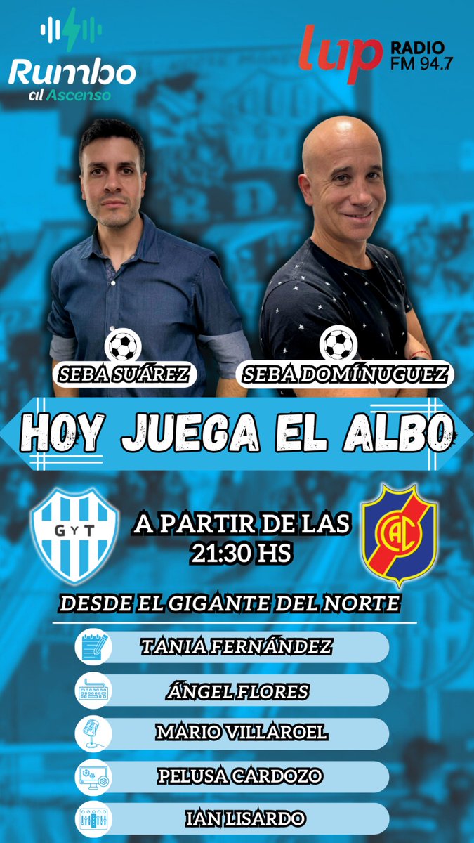⚽ #ElShowDelFútbol 
📻 <a href="/Somos_LUP/">Lup Radio Stream</a>
⭐ <a href="/rumboalascensoo/">Rumbo al Ascenso</a> 
💻 youtube.com/@somos_lup 
🏆 #PrimeraNacional

<a href="/Oficial_CASM/">Club Atlético San Miguel</a> 🆚 <a href="/CACNoficial/">Central Norte de Salta</a>

<a href="/gytoficial/">Club Gimnasia y Tiro</a> 🆚 <a href="/Colegiales1908/">Club Atletico Colegiales</a>