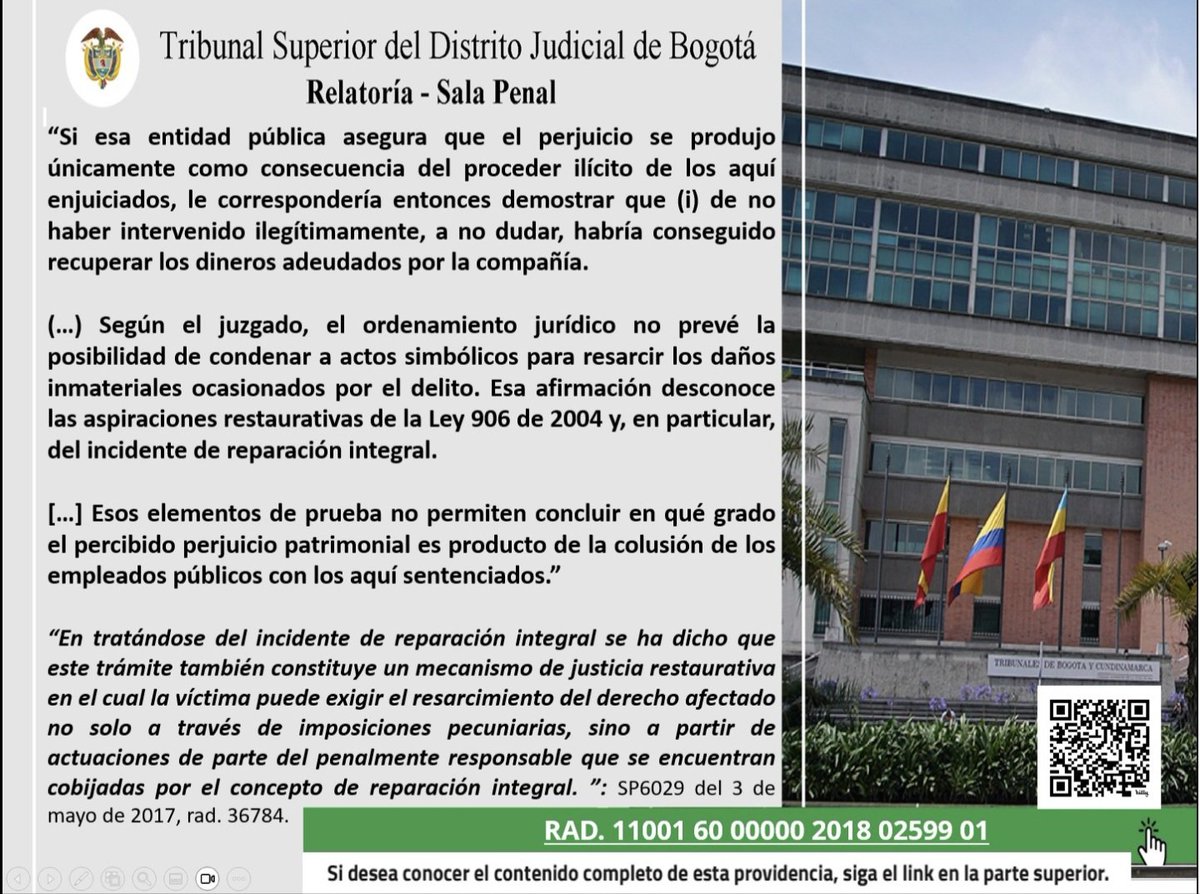RelatoriaPenal's tweet photo. Sala Penal del Tribunal de Bogotá, ordena disculpas públicas como reparación simbólica dentro de un incidente de reparación integral, pero la DIAN pierde la demanda patrimonial por no haber probado el nexo causal.
Descarga aqui: https://t.co/DUbo6W5fzX https://t.co/4IRAk2jOky