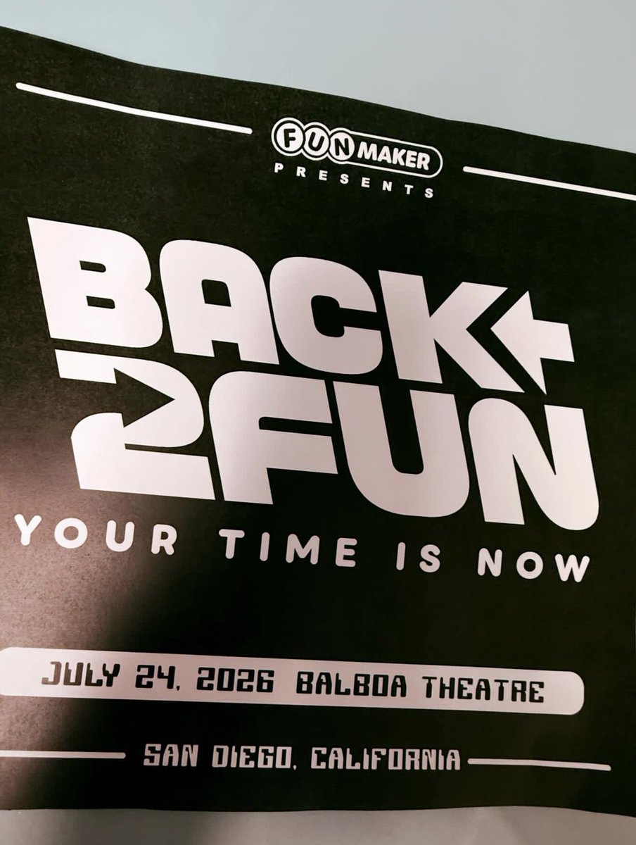 DisTrackers's tweet photo. FunMaker Mike presents Back 2 Fun - Your Time Is Now! 7/24/26 at the Balboa Theatre in San Diego, CA. More info is coming soon! Are you ready for some fun? 👀
.
#SDCC #ComicCon #FunMaker #Collectibles #Fun https://t.co/jOVKflgyXs