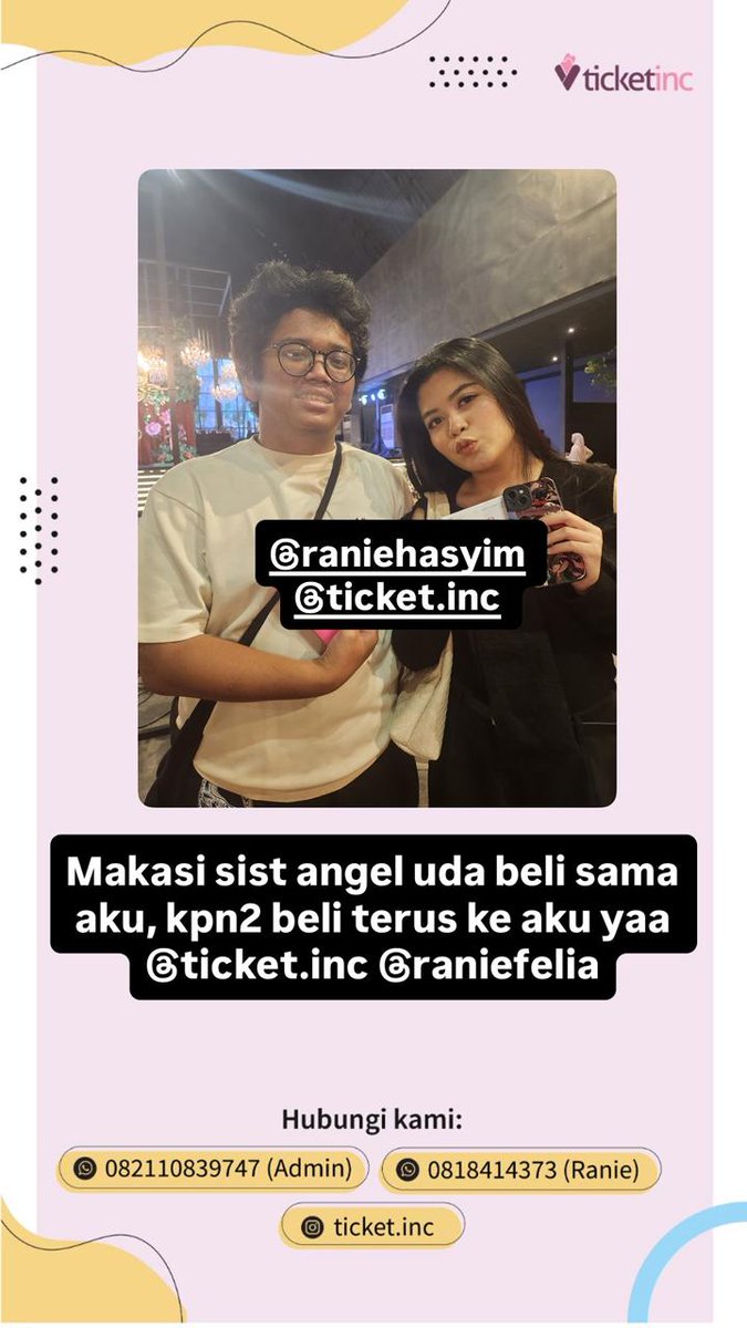 WTS tiket Mahalini koma
WTS tiket konser Mahalini koma
Blh 50% dl, 50% lg bsk pas dianter msk scan yo

Murce, japri aja dl cek harga : 0818414373
DM IG lbh fast response : <a href="/ticket/">Ticket</a>.inc @raniefelia 

Cat 1 - 1 pisah &amp; 2 tix deret
Cat 3A _ 2 tix deret

Tx y