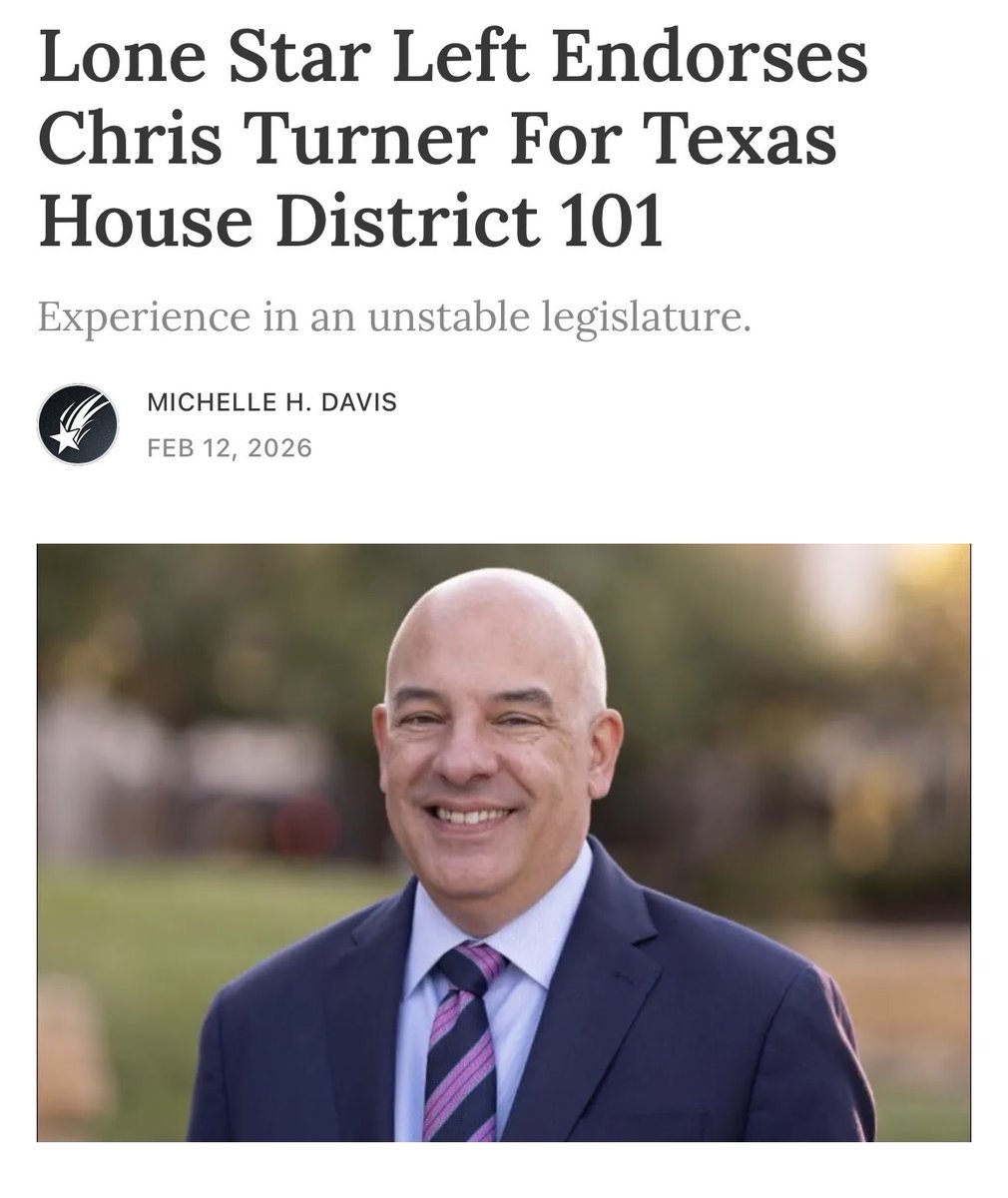 Honored by Lone Star Left’s endorsement. This one means a lot: Michelle Davis is a constituent and voter — the endorsements that matter most, and a widely respected voice in Texas Democratic politics who truly does her research. Thank you for the support! #teamturner