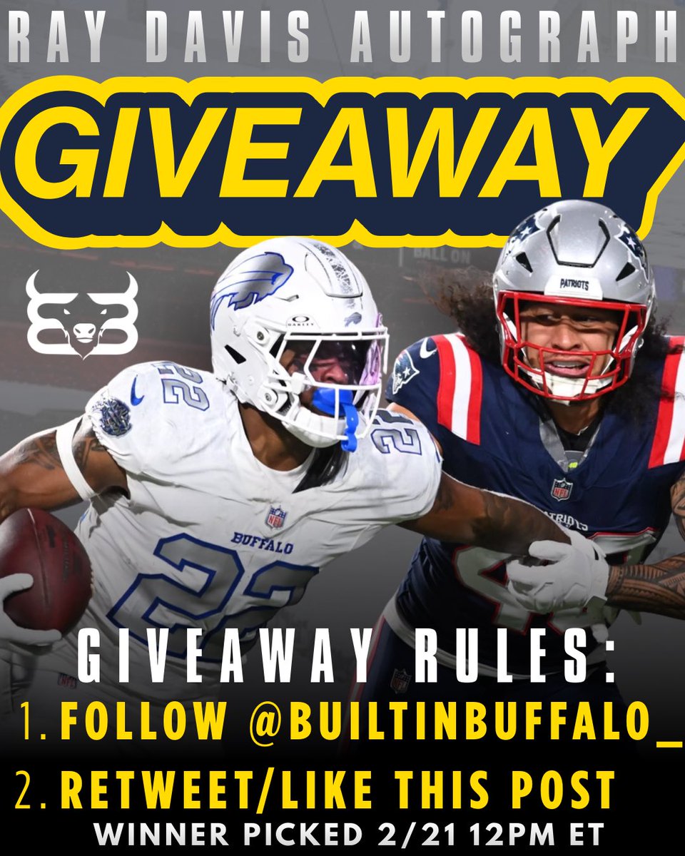 🚨𝗥𝗔𝗬 𝗗𝗔𝗩𝗜𝗦 𝗔𝗨𝗧𝗢𝗚𝗥𝗔𝗣𝗛 𝗚𝗜𝗩𝗘𝗔𝗪𝗔𝗬🚨

We’re giving away a SIGNED Ray Davis card! 🔥

Giveaway Rules:
1️⃣ Follow <a href="/BuiltInBuffalo_/">Built in Buffalo</a>
2️⃣ Retweet AND Like this post

3️⃣ OPTIONAL: Every person you tag gives you an EXTRA ENTRY!

*Winner picked 2/21 at 12PM ET!