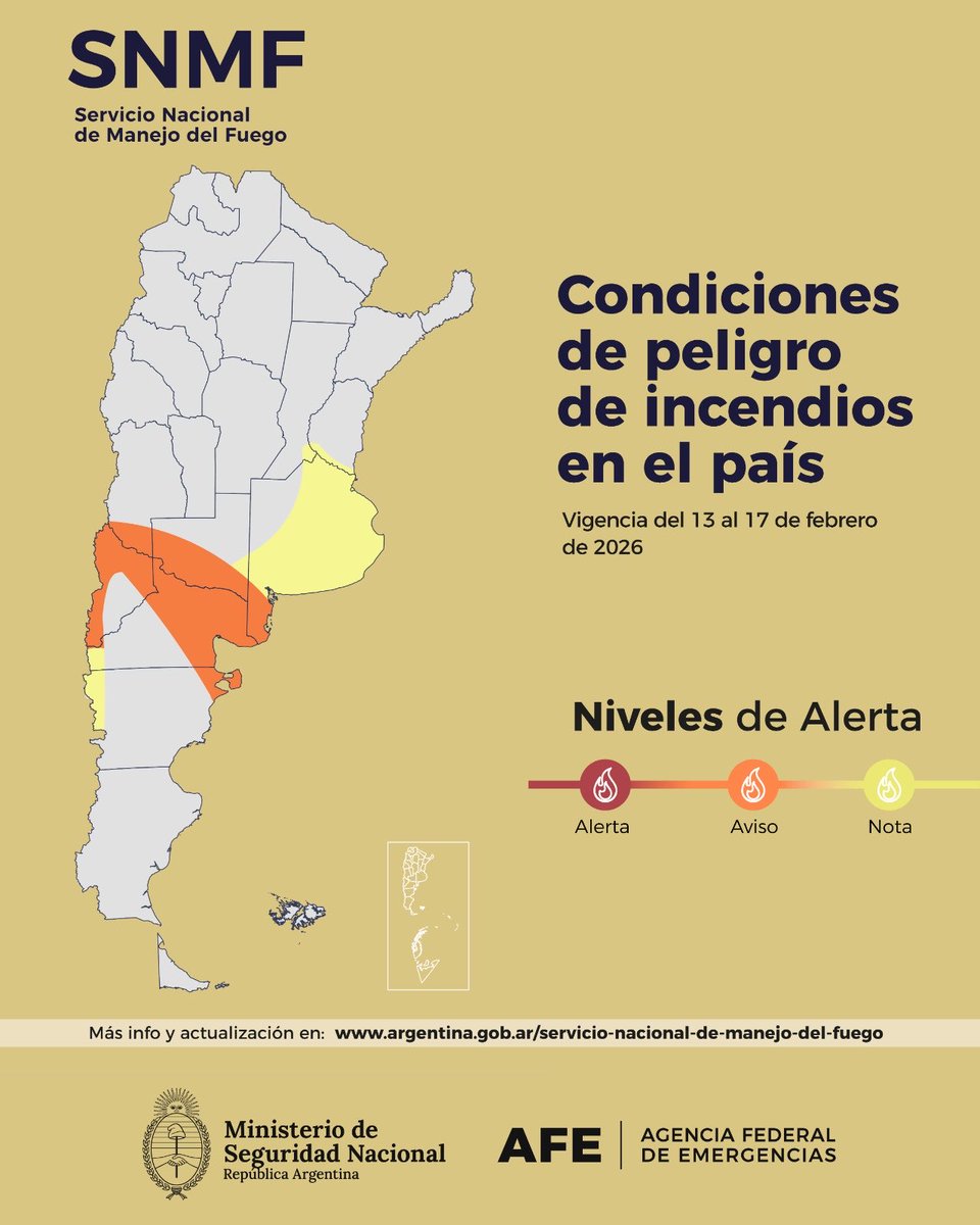 🔥 CONDICIONES DE PELIGRO DE INCENDIOS
📆 Vigencia: 13 al 17 de febrero de 2026

🟠 NIVEL AVISO
Mendoza, Neuquén, Río Negro, Chubut, La Pampa, Buenos Aires.

🟡 NIVEL NOTA
Entre Ríos, Santa Fe, Buenos Aires, CABA, La Pampa, Río Negro, Chubut.

Recordamos extremar las medidas de