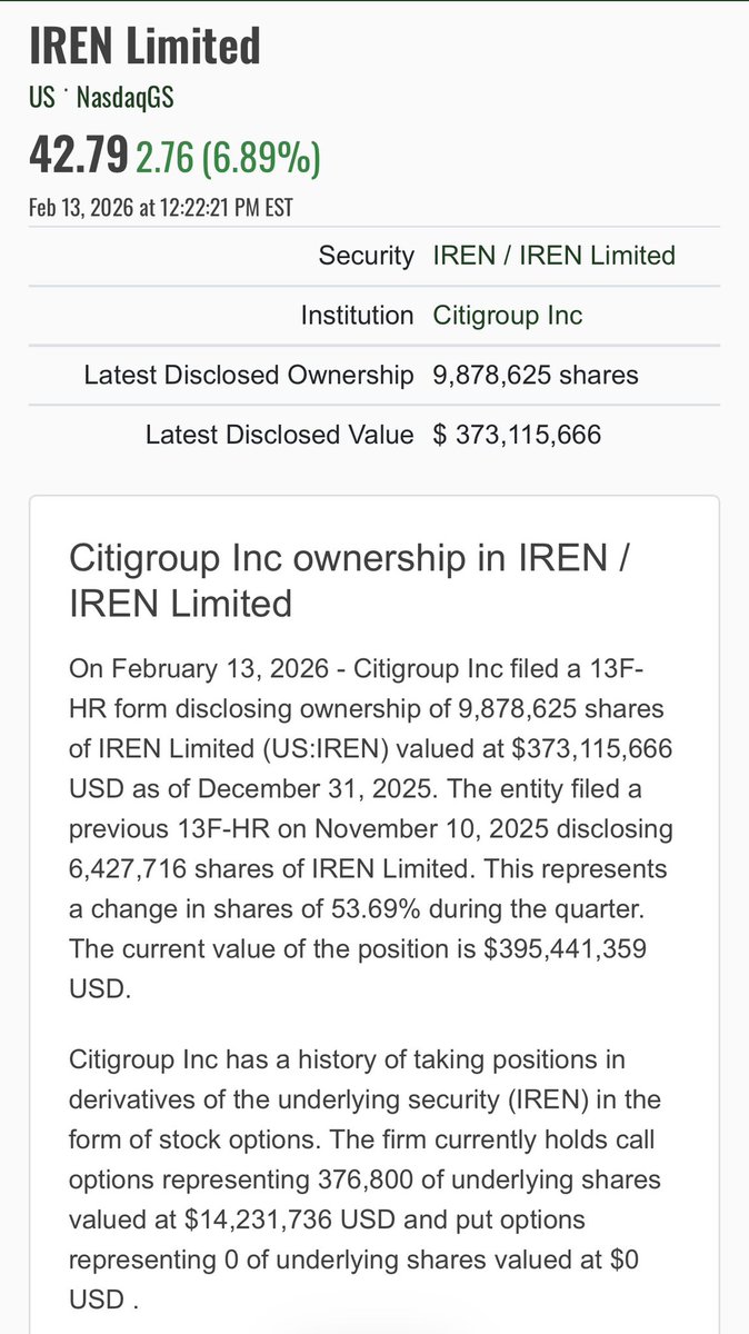 JoshInvestsAI's tweet image. 💎 Citigroup increases their $IREN position 53% in the quarter.