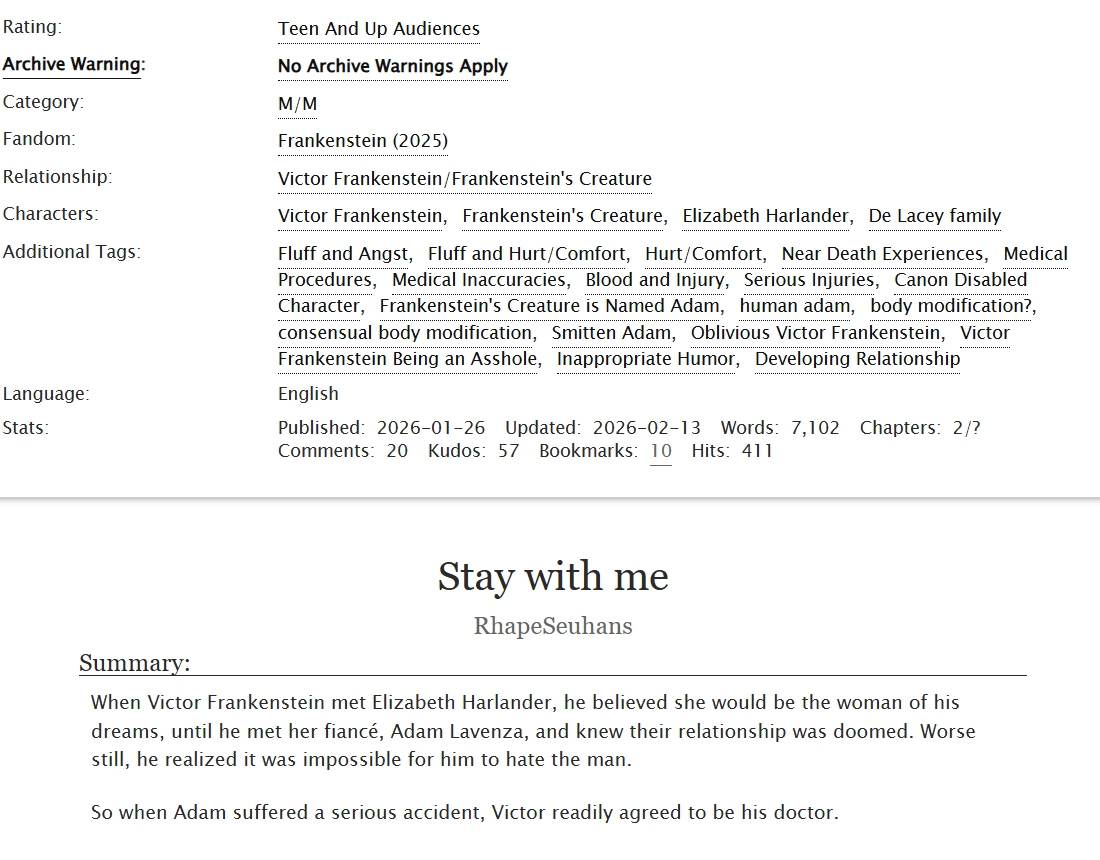 [#vicreature] When Victor Frankenstein met Elizabeth Harlander, he believed she would be the woman of his dreams, until he met her fiancé, Adam Lavenza.  
Ch2

Ao3: archiveofourown.org/works/78322166…