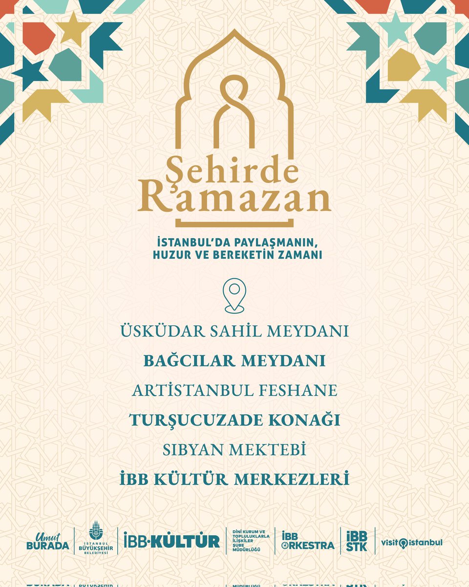 İstanbul’da paylaşmanın, huzur ve bereketin zamanı Ramazan başlıyor. 🌙

Bağcılar Meydanı, Üsküdar Sahil Meydanı, Artİstanbul Feshane, Sultanahmet Turşucuzade Konağı, Sıbyan Mektebi ve İBB Kültür Merkezleri’ndeki Ramazan etkinliklerine tüm İstanbullular davetli…

Etkinlik