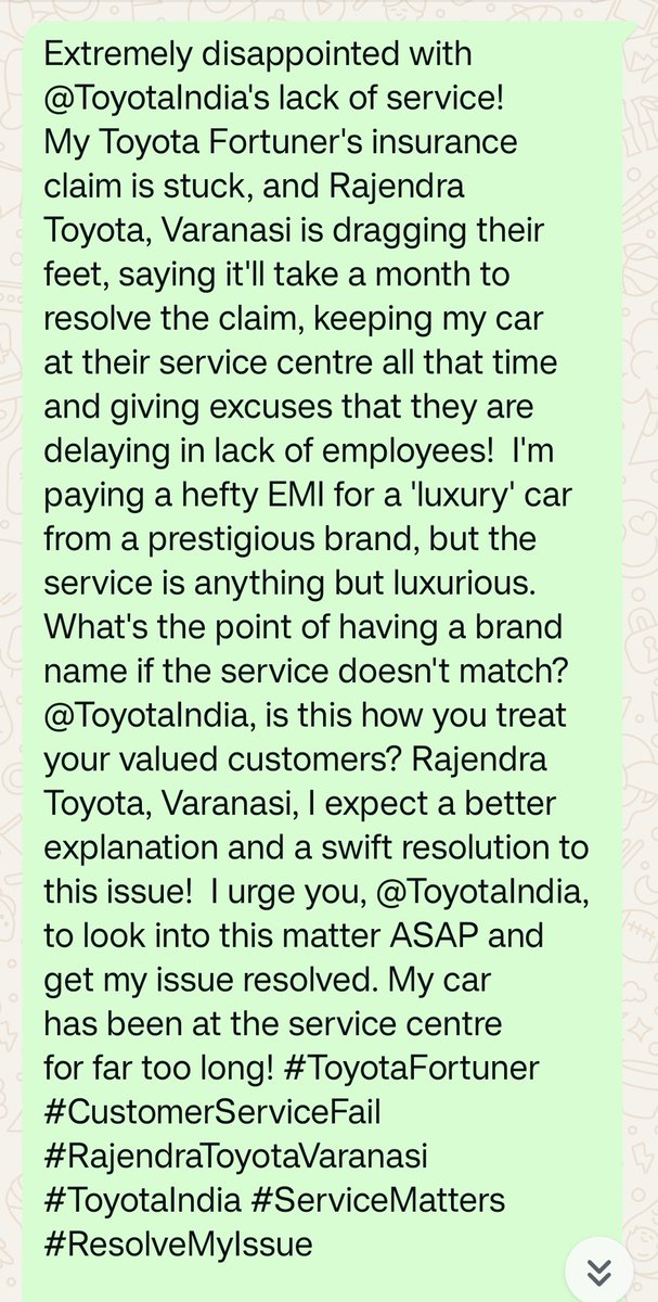 iamishwarpratap's tweet image. 🚨 Disappointed with @ToyotaIndia! My Fortuner's insurance claim stuck, Rajendra Toyota Varanasi delays, citing staff shortage! Paying hefty EMI for 'luxury' service? @ToyotaIndia, resolve ASAP! #ToyotaFortuner #CustomerServiceFail #ResolveMyIssue"