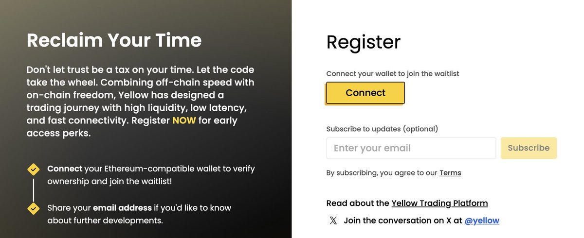 New airdrop: Yellow Perp DEX waitlist
Reward: Get Early Access perks
Rate: ⭐️⭐️⭐️⭐️⭐️
News: $10M seed by Ripple
Winners: For Everyone
Distribution: TBA

Airdrop Link: yellow.pro/waitlist?utm_s…

🔹Register for the early access
🔹Wait for further updates
🔹Follow Yellow on X