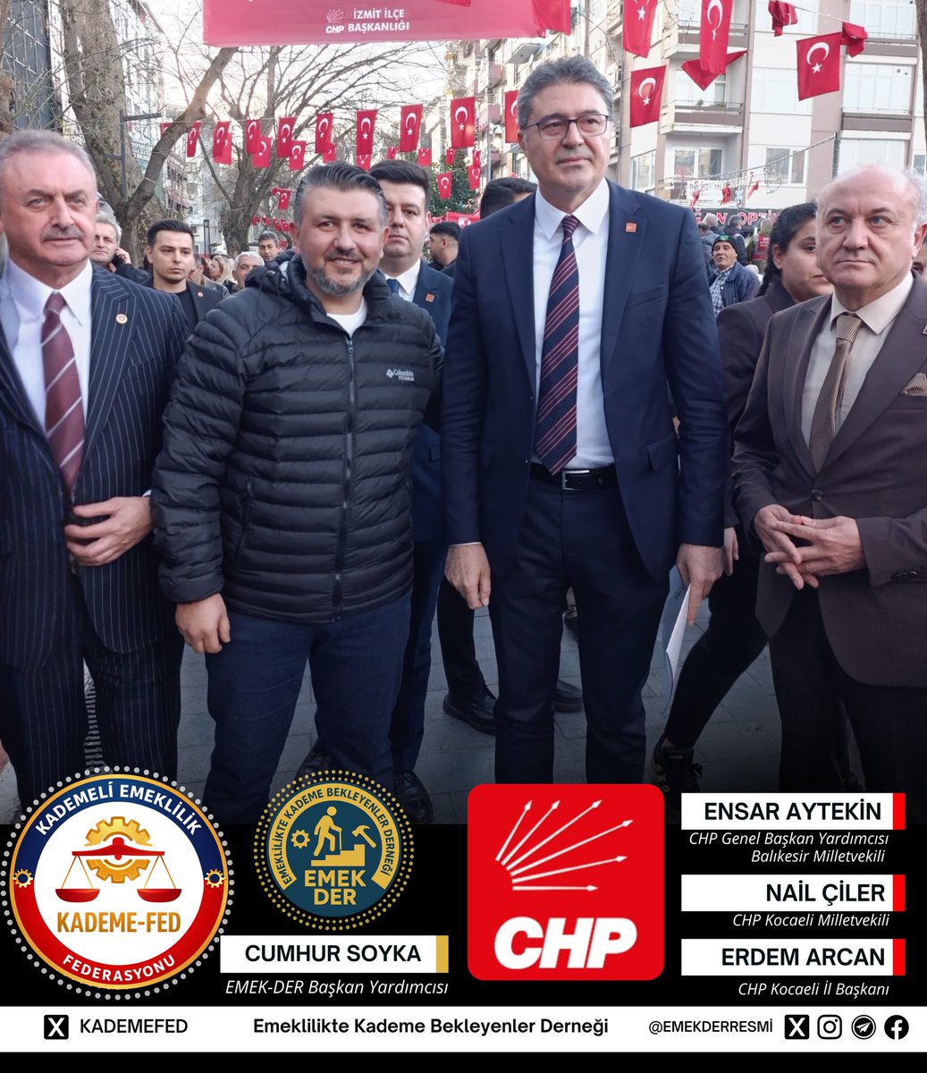 Kademeli Emeklilik Federasyonu ve federasyonumuz çatısı altında faaliyet gösteren kıymetli derneklerimiz olarak;
Cumhuriyet Halk Partisi Genel Başkan Yardımcısı ve Balıkesir Milletvekili Sayın Ensar Aytekin,
CHP Kocaeli Milletvekili Sayın Nail Çiler ve
CHP Kocaeli İl Başkanı