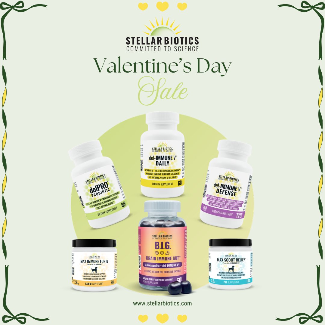 stellarbiotics's tweet photo. Share the love AND the savings! 

20% OFF del-IMMUNE V® DAILY, DEFENSE, and delPRO™ PROBIOTIC

Buy any of the above and get Brain Immune Gut™ (B.I.G.) 50% OFF (must add B.I.G. to cart)

30% OFF Max Immune Forte™ and Max Scoot Relief™

Shop now at https://t.co/oR9MWcbyZs 

*20 percent off all 60 and 120-count bottles of del-IMMUNE DAILY, del-IMMUNE V DEFENSE, and delPRO PROBIOTIC. With the purchase of del-IMMUNE DAILY, del-IMMUNE V DEFENSE, and delPRO PROBIOTIC, receive 50 percent off Brain Immune Gut. Must add B.I.G. to cart at checkout. 30 percent off Max Immune Forte™ and Max Scoot Relief™. Cannot be combined with other discounts or promotions. Excludes bundles, subscriptions, and 1000-count bottles. Shop all products on https://t.co/oR9MWcbyZs from Friday, February 13 at 12:00 AM EST until Sunday, February 15 at 11:59 PM EST.