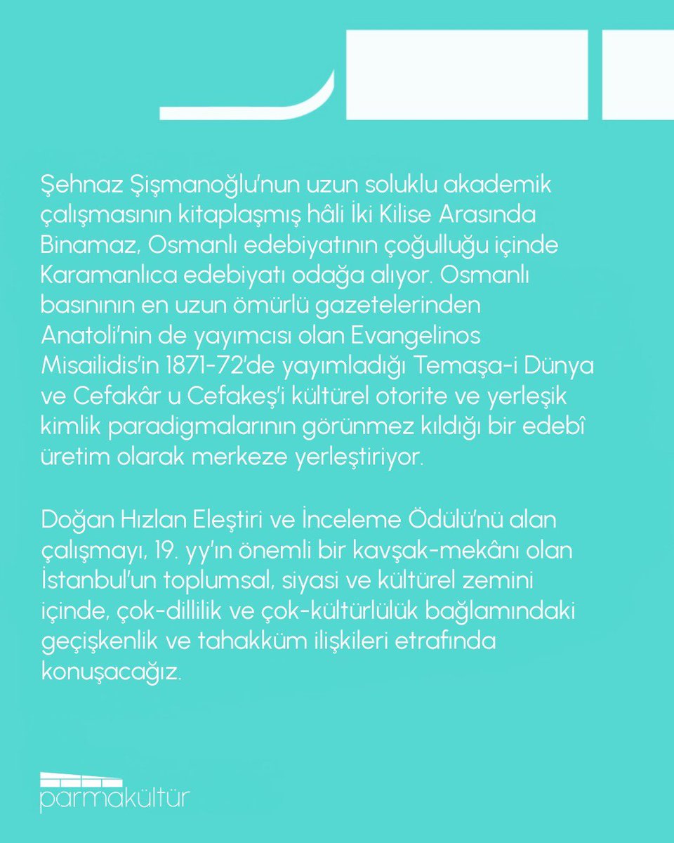 sakineekorkmaz's tweet photo. “İki Kilise Arasında: Kavşakta Yazmak” 

Şehnaz Şişmanoğlu’yla ilgi ve hayranlıkla okuduğum uzun soluklu akademik çalışmasını konuşacağız. İlgilisini bekleriz, çok da seviniriz. 
@sismanoss 
@savas_k14 
@Metiskitap 

ParmaBeyoğlu
Büyükparmakkapı sk. No: 7 https://t.co/H3sIbMXwja