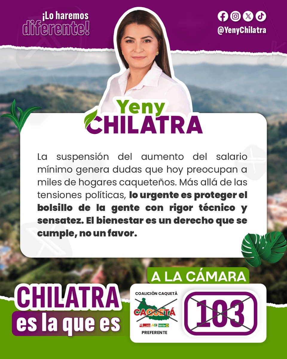 YenyChilatra's tweet photo. La suspensión del aumento del salario mínimo genera dudas que hoy preocupan a miles de hogares caqueteños. Más allá de las tensiones políticas, lo urgente es proteger el bolsillo de la gente con rigor técnico y sensatez. El bienestar es un derecho que se cumple, no un favor. 🤝 https://t.co/68frXuqG8g