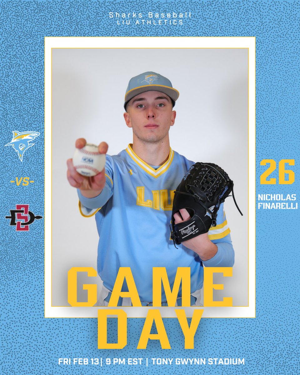 LIU_Baseball's tweet photo. Happy Opening Day! 

🆚 San Diego State   
📍San Diego, California 
🕰️ 9 p.m. EST  
📺 https://t.co/QG0BJmJsmT
📊https://t.co/vAJGSDas7m 

#FinsUp #SharkAttack https://t.co/7liLmKsCzT