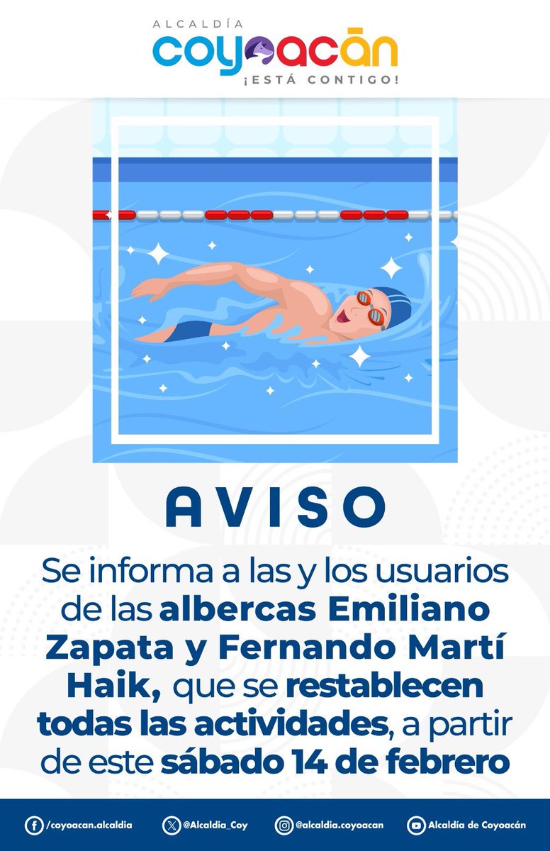 Alcaldia_Coy's tweet image. 📢 Aviso 
Se informa a las y los usuarios de las albercas Emiliano Zapata y Fernando Martí Haik que, a partir del sábado 14 de febrero, se restablecen todas las actividades.