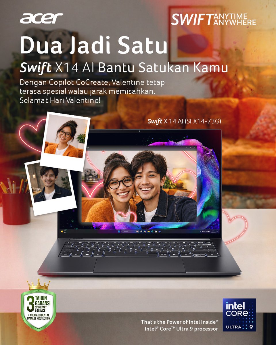 Valentine terasa lebih dekat, meski jarak memisahkan. ❤️

Dengan Copilot Create di Swift X 14 AI, dua momen bisa jadi satu, kapan pun dan di mana pun.

Happy Valentine’s Day. 💕

#SwiftX14AI #Valentine #AcerID