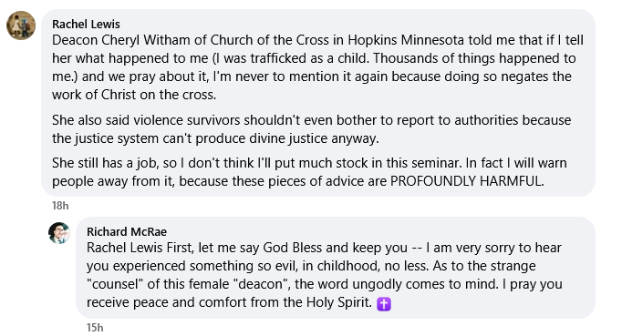 I'd like to share Rachel's story.

Rachel reports that, after reporting to an ACNA deacon that she was subjected to 𝘢𝘤𝘵𝘶𝘢𝘭 sexual abuse, she was instructed to remain silent &amp; avoid reporting the matter to authorities.

I hope @the_ACNA will investigate Rachel's allegations.