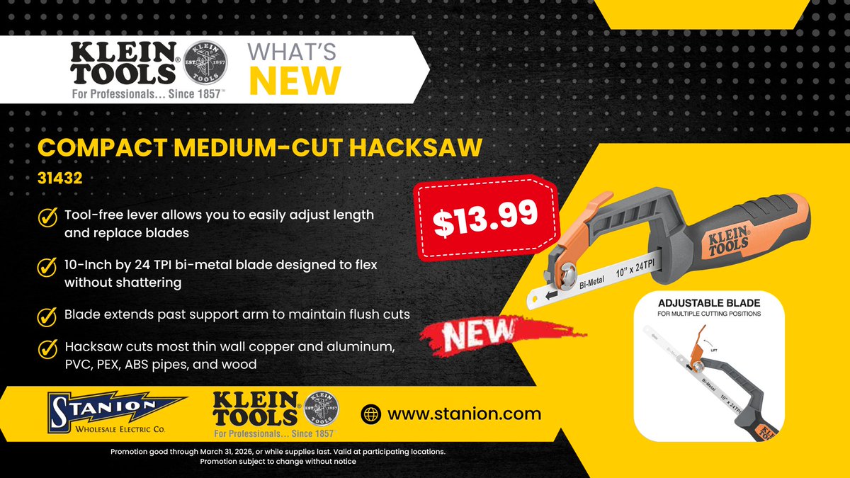 Upgrade your toolkit with the Klein Compact Medium-Cut Hacksaw—engineered so your crew spends less time fighting material and more time finishing the job. Visit our website or drop by your local Stanion branch to get one, before the promotion ends March 31st!
#Klein #ToolsForPros