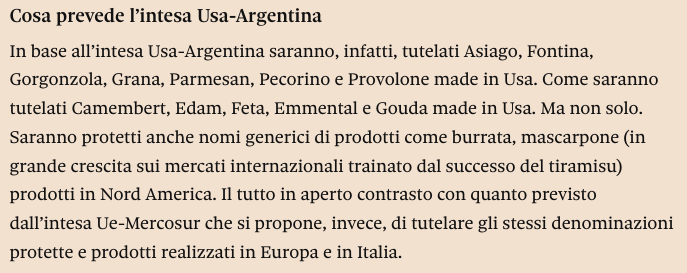Se confermato, una discreta beffa. Il sounding spazza via la tutela di origine. 

Intesa Trump-Milei: Grana, Asiago e Gorgonzola sono formaggi Usa 
ilsole24ore.com/art/intesa-tru…
