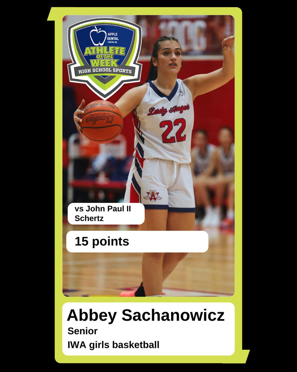 callerdotcom's tweet photo. Congrats to Abbey Sachanowicz of IWA girls basketball for being voted the Athlete of the Week, presented by Apple Dental Center, Inc.! https://t.co/3LjJstB4h7