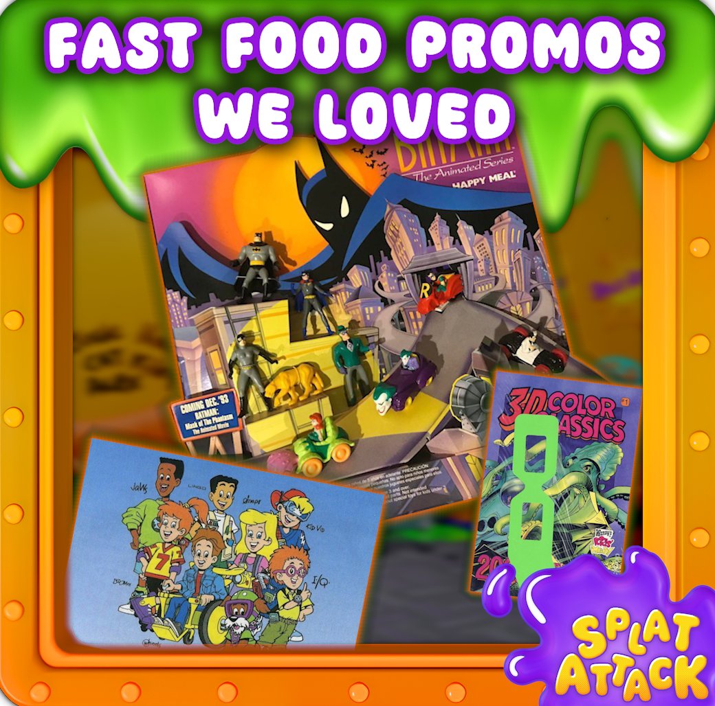 SplatAttackPod's tweet photo. Despite the onslaught of fast food commercial tie ins and various promos, we do find that there are quite a few that have stuck with us! Join us by the slime cooler as we have a Splat Chats about fast food promos. https://t.co/Il2FhAnAfj #splatattack #splatattackpodcast #podcast https://t.co/mMp9bATD5U