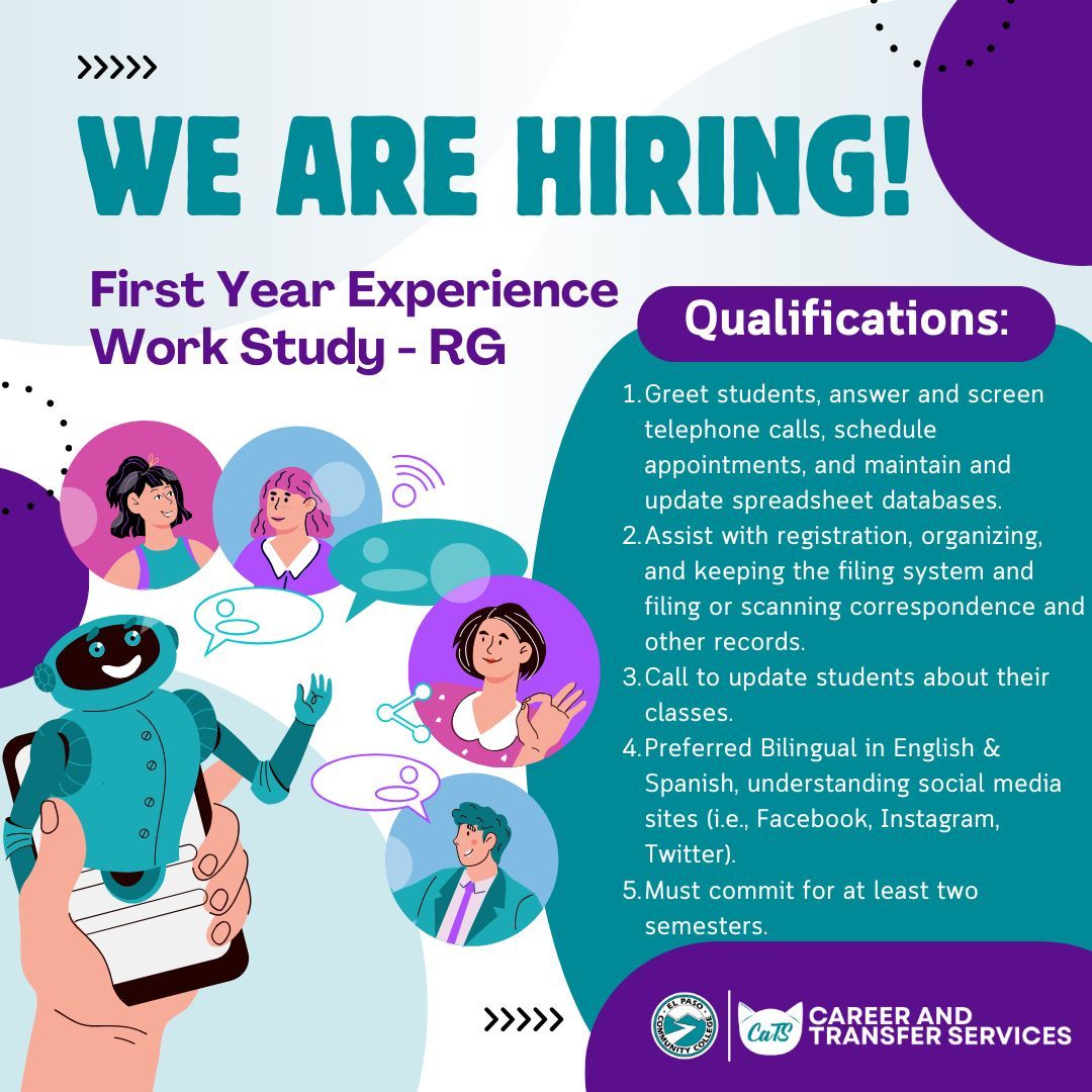 epccCaTS's tweet photo. 🎉 We’re hiring! 🎓 Join our First Year Experience Work Study program at El Paso Community College!📌
💡 Ready to gain experience and make a difference on campus? Apply now with Career &amp; Transfer Services!#EPCC #WorkStudy #CampusJobs #StudentLife #BilingualJobs #CareerGrowth #FYE https://t.co/t7IEXooFBm