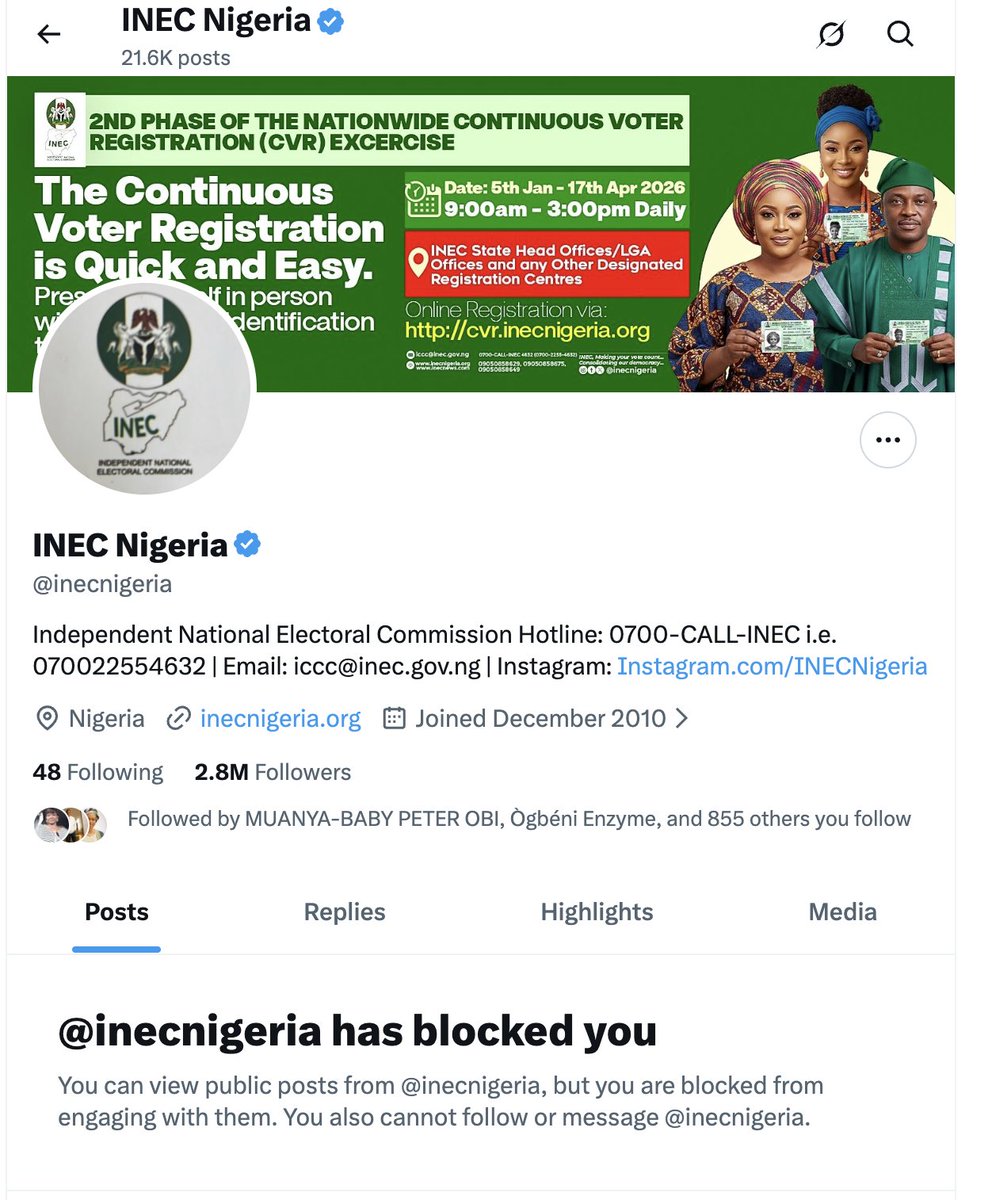 Hi INEC <a href="/inecnigeria/">INEC Nigeria</a> why did you block me?

Nigerians why is your public institution blocking people?