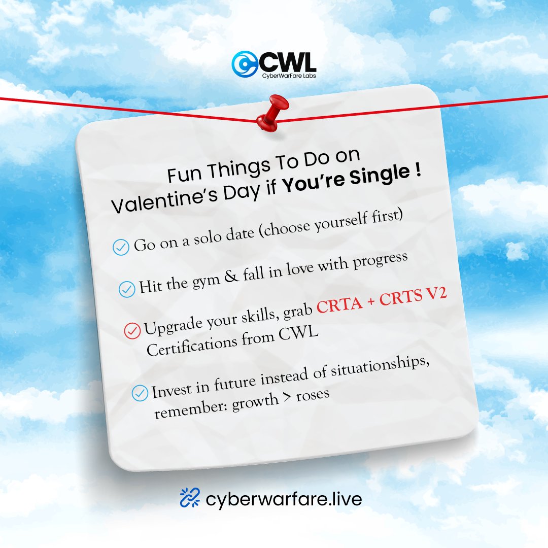 cyberwarfarelab's tweet photo. No situationships. Just certifications. 😉 This Valentine’s Day, take yourself straight into skill development mode. CRTA + CRTS V2 at just $49.
🔥Grab now: https://t.co/RIWEuxSKsA
#SelfInvestment #CyberSecurityCareer #RedTeamTraining https://t.co/AEmpe7zLM5