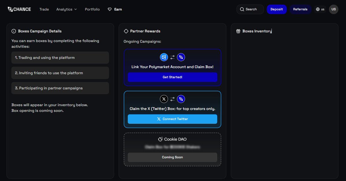 ATENCIÓN 📢

Si has estado usando Polymarket hasta ahora, tienes recompensas en <a href="/Chance_/">Chance</a>, el nuevo agregador de Predictons Markets que usa Polymarket, Kalshi y Opinion Labs

Este proyecto esta desarrollado por Cookie y están repartiendo unas Mystery Box a usuarios con actividad
