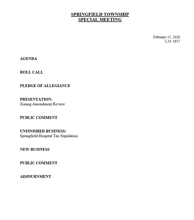 Please see the agenda for the February 2026 Special Meeting of the Board of Commissioners, happening on Tuesday, February 17th at 6:30 PM in the Fairway Room of the Springfield Country Club.

Agenda is subject to change.