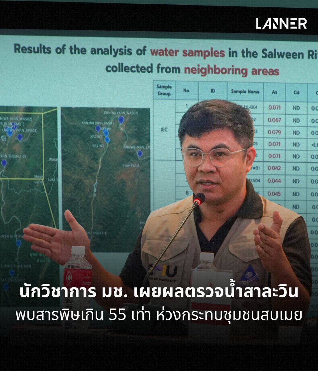 ดร.ว่าน วิริยา คณะวิทยาศาสตร์ มหาวิทยาลัยเชียงใหม่ เปิดเผยข้อมูลจากการเก็บตัวอย่างน้ำในพื้นที่ลุ่มน้ำสาละวิน ซึ่งได้รับความร่วมมือจากฝ่ายคะเรนนีและกะเหรี่ยงส่งตัวอย่างจากพื้นที่ต้นน้ำมาให้วิเคราะห์ พบว่าคุณภาพน้ำทั้งในฝั่งไทยและเมียนมาอยู่ในระดับที่ย่ำแย่