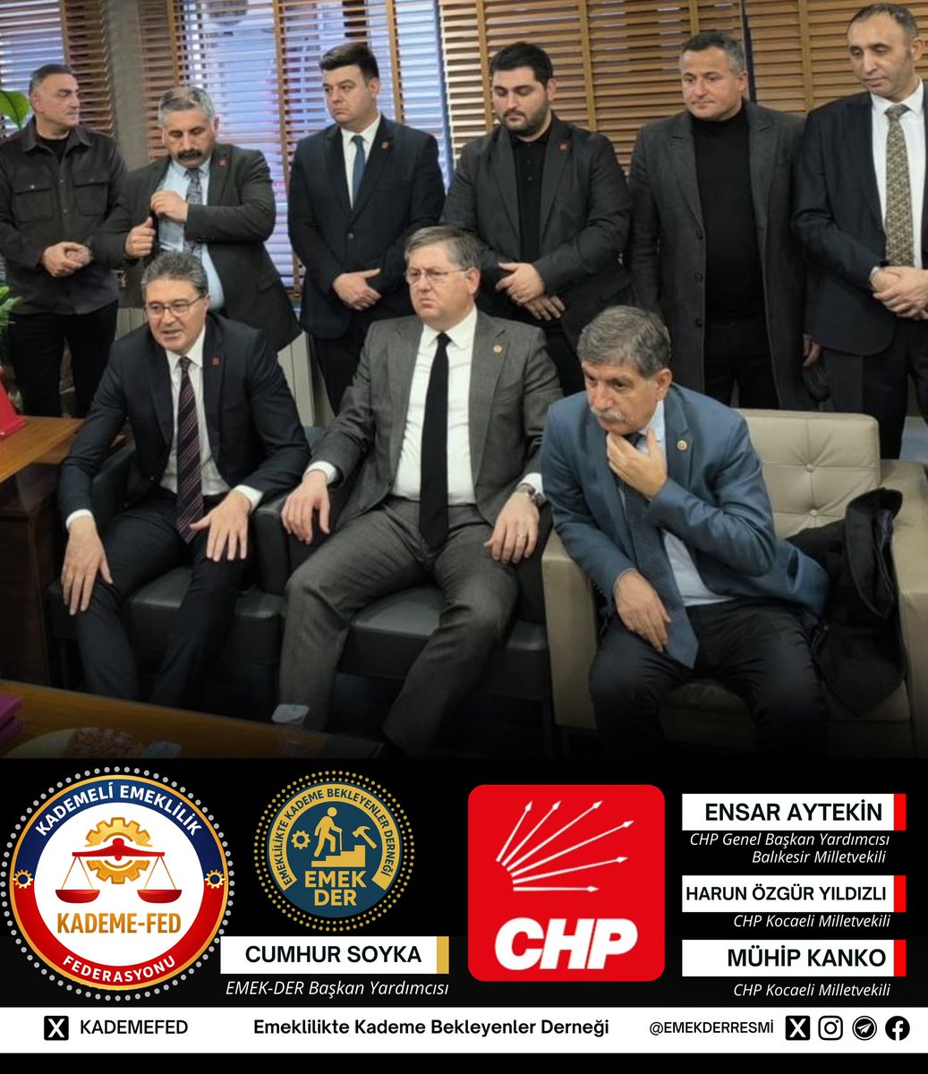 Kademeli Emeklilik Federasyonu bünyesinde faaliyet gösteren Emeklilikte Kademe Bekleyenler Derneğimiz, CHP Kocaeli İl Başkanlığına anlamlı bir ziyaret gerçekleştirmiştir.
İl Başkanı Sayın Erdem Arcan’ın ev sahipliğinde ve kıymetli milletvekillerimizin katılımlarıyla gerçekleşen