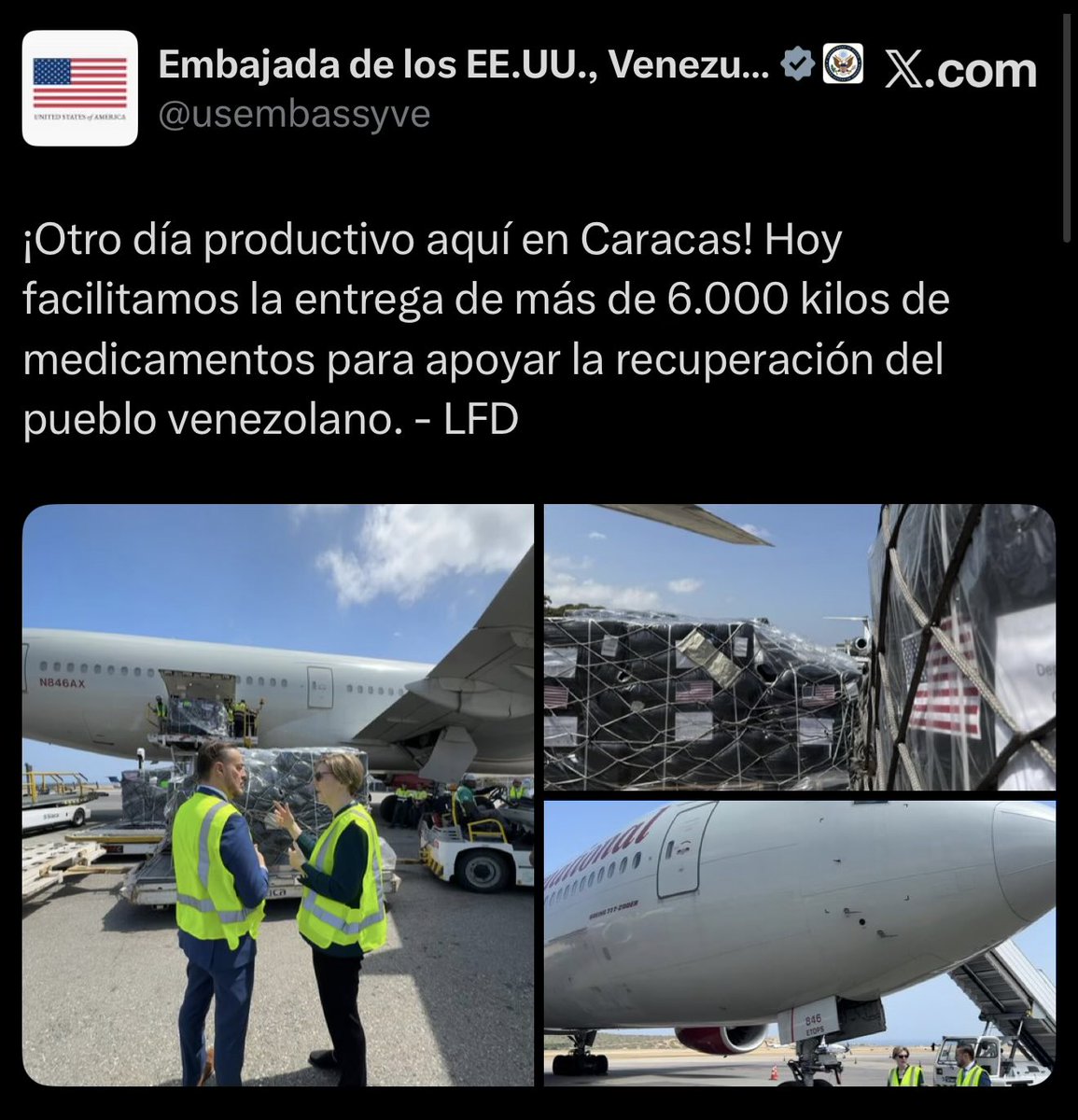 Hace 7 años la dictadura de Maduro quemó la ayuda humanitaria en el puente Francisco de Paula Santander, en Cúcuta.

Tres bombazos más tarde, en Maiquetía aterrizan medicamentos para nuestro pueblo.

¡GRACIAS Al GLORIOSO PUEBLO DE LOS ESTADOS UNIDOS!