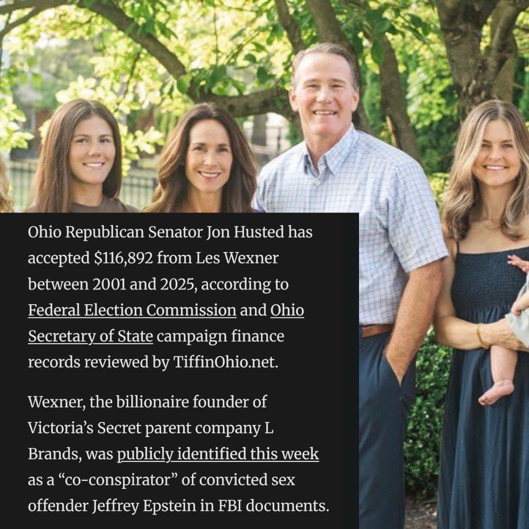 JoshEakle's tweet image. “Family man” and Republican Senator from Ohio accepted money from Epstein's co-conspirator before working to bury the files.

How do these people live with themselves?