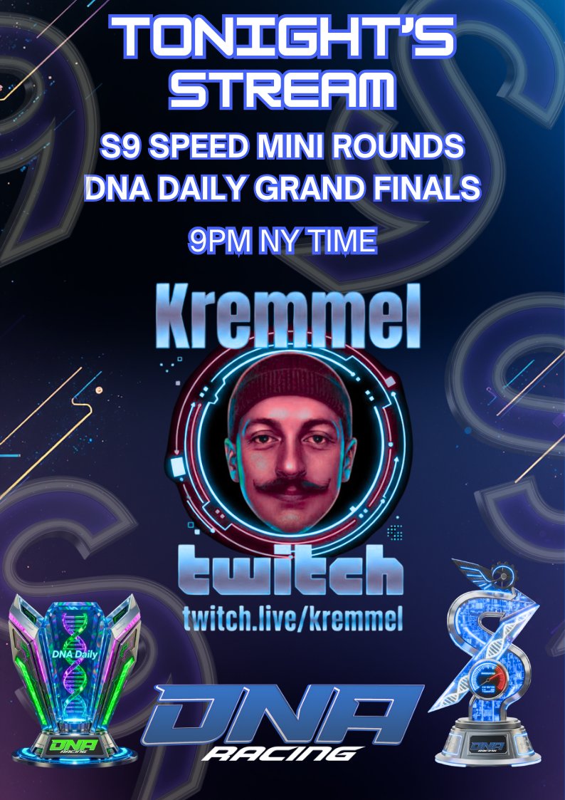 TONIGHT'S STREAM 
S9 SPEED MINI ROUNDS + DNA DAILY GRAND FINALS!
Epic futuristic bike battles, real cash prizes &amp; non-stop action   9PM NY TIME
Hosted by the legend <a href="/kremmell_tv/">Kremmell</a>
Join the chaos  twitch.live/kremmell
<a href="/dnaracing2023/">DNA Racing</a>  #Web3Racing #DNADaily #SpeedMini