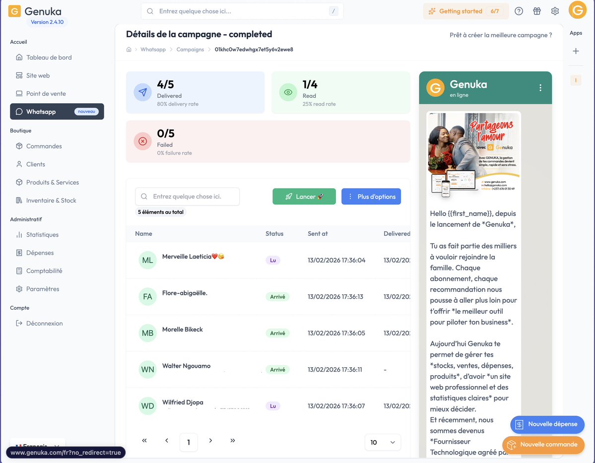 Quand vous lancez une campagne Whatsapp avec Genuka, vous avez une page comme celle ci qui vous montre des stats de lecture, réception et echec d'envoie. De plus vous voyez exactement lequel des contacts a quel statut

Rejoignez la famille Genuka et boostez votre business👌🏾