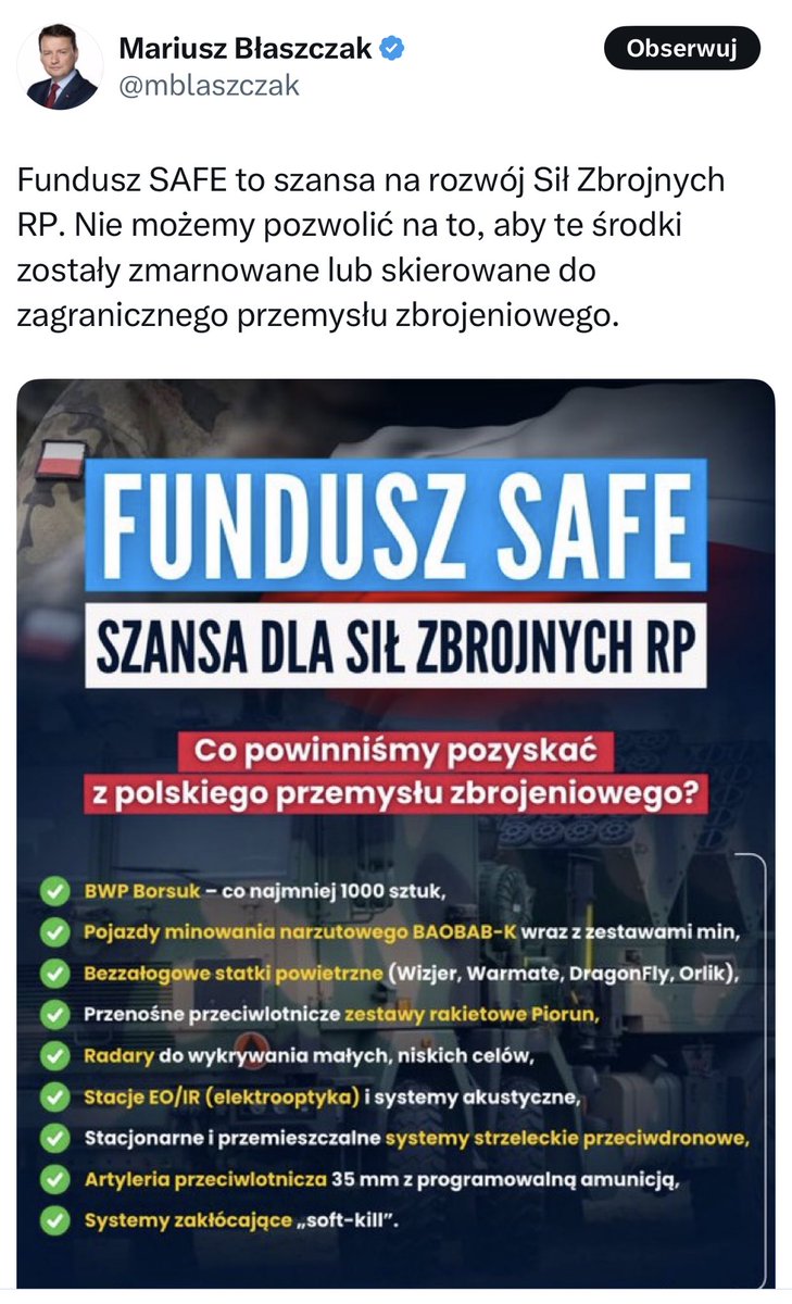 Błaszczak; fundusz SAFE szansa dla sił zbrojnych RP