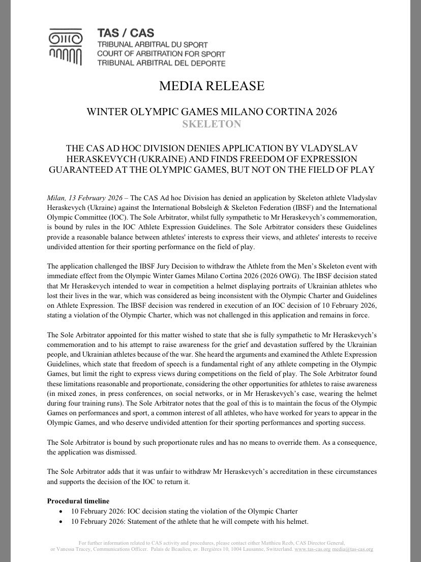 StanisElsborg's tweet image. #CAS denied application by @heraskevych

The Sole Arbitrator found
the limitations reasonable and proportionate, given athletes’ other opportunities to raise awareness (mixed zones, press conferences, social networks, and in his case wearing the helmet during four training runs).