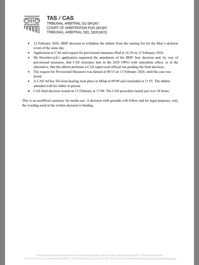 StanisElsborg's tweet image. #CAS denied application by @heraskevych

The Sole Arbitrator found
the limitations reasonable and proportionate, given athletes’ other opportunities to raise awareness (mixed zones, press conferences, social networks, and in his case wearing the helmet during four training runs).
