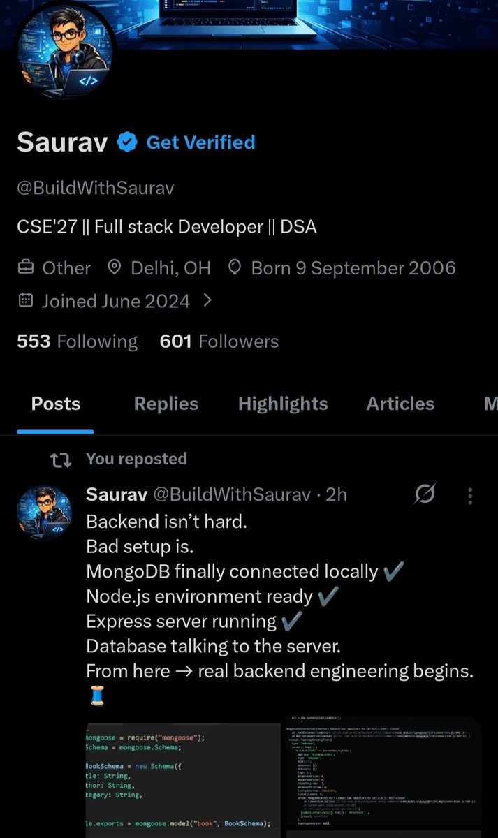BuildWithSaurav's tweet image. Yesterday: 500 followers
Today: 600 followers 🚀

Proof that consistency &amp;gt; luck
Just sharing my MERN stack journey, backend learnings, and small wins while building in public 💻

No hype
Only real progress
Road to 1k now ⚡