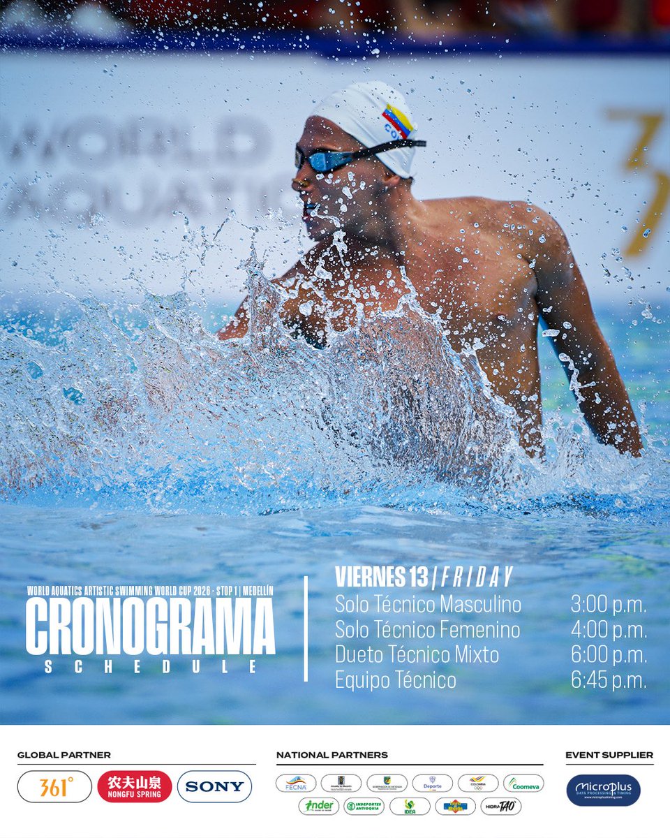 FECNA's tweet photo. ¡Llegó el gran día! 🇨🇴🙌🏼 #CopaMundo #Primeraparada
Y estamos listos para ver brillar a nuestros #AtletasFECNA en la Primera Copa Mundo de Natación Artística, Medellín 2026 🌎🏆✨
Les compartimos cronograma de competencias del día 1️⃣ de acción para la Selección Colombia 🏊🏼♂️ https://t.co/zklOnVxXIl